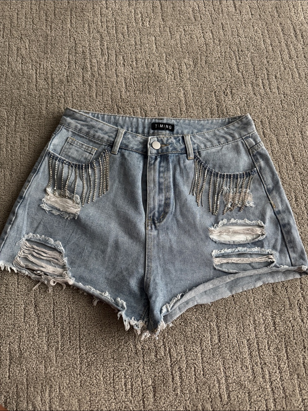 Timing Light Blue Distressed Denim Shorts with Silver Chain Fringe
